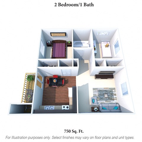 Floor plan for 2 beds, 1 bath, 750 sqft